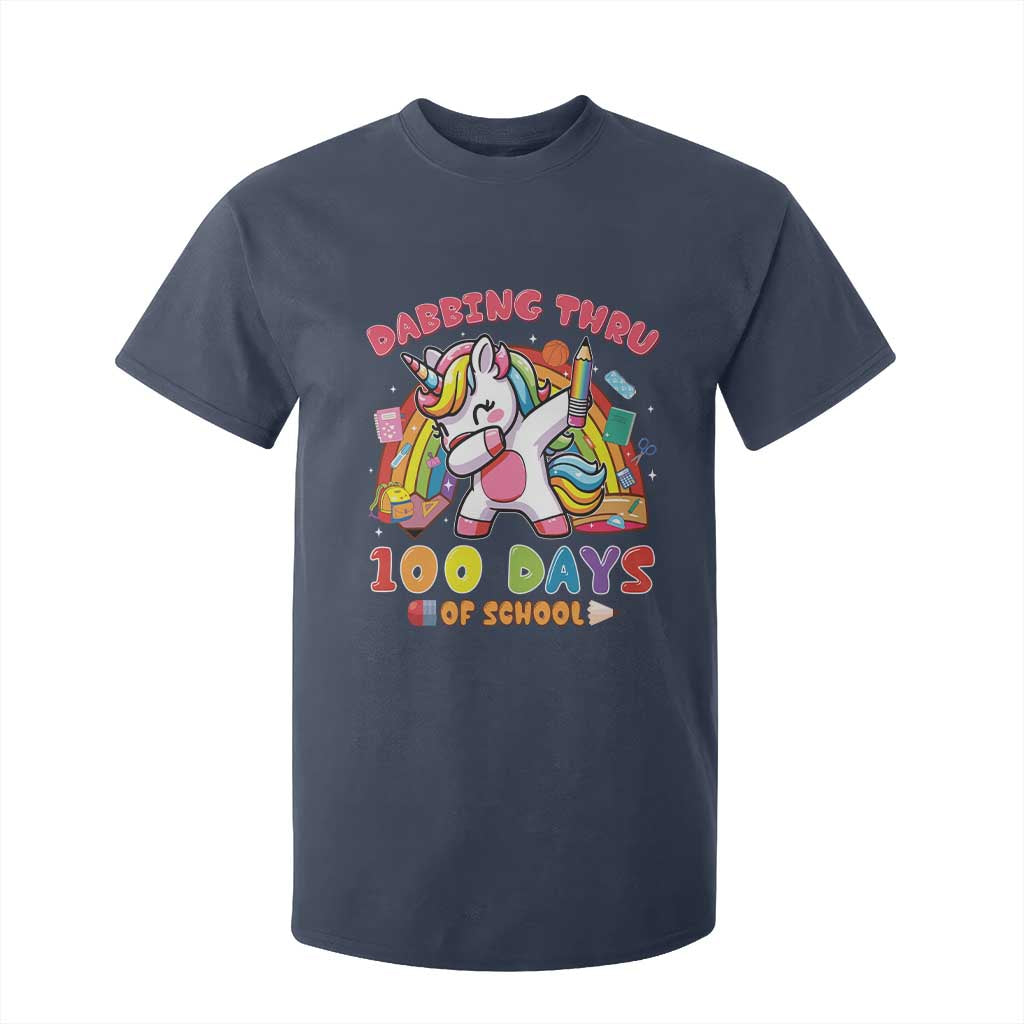 Funny Dabbing Thru 100 Days Of School T Shirt For Kid Dabbing Unicorn Rainbow TS11 Navy Print Your Wear