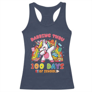 Funny Dabbing Thru 100 Days Of School Racerback Tank Top Dabbing Unicorn Rainbow TS11 Navy Print Your Wear