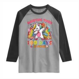 Funny Dabbing Thru 100 Days Of School Raglan Shirt Dabbing Unicorn Rainbow TS11 Sport Gray Black Print Your Wear
