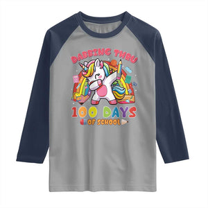 Funny Dabbing Thru 100 Days Of School Raglan Shirt Dabbing Unicorn Rainbow TS11 Sport Gray Navy Print Your Wear
