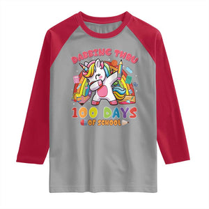 Funny Dabbing Thru 100 Days Of School Raglan Shirt Dabbing Unicorn Rainbow TS11 Sport Gray Red Print Your Wear