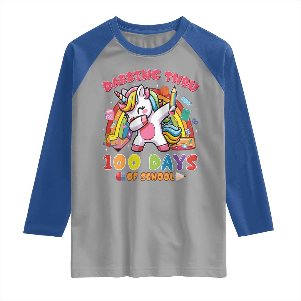 Funny Dabbing Thru 100 Days Of School Raglan Shirt Dabbing Unicorn Rainbow TS11 Sport Gray Royal Print Your Wear