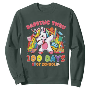 Funny Dabbing Thru 100 Days Of School Sweatshirt Dabbing Unicorn Rainbow TS11 Dark Forest Green Print Your Wear