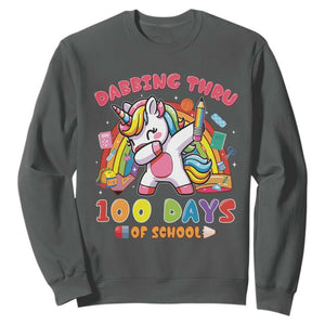 Funny Dabbing Thru 100 Days Of School Sweatshirt Dabbing Unicorn Rainbow TS11 Dark Heather Print Your Wear