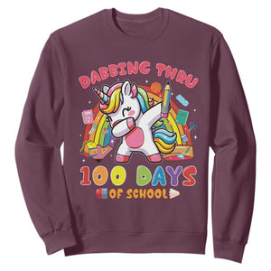 Funny Dabbing Thru 100 Days Of School Sweatshirt Dabbing Unicorn Rainbow TS11 Maroon Print Your Wear