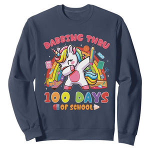 Funny Dabbing Thru 100 Days Of School Sweatshirt Dabbing Unicorn Rainbow TS11 Navy Print Your Wear