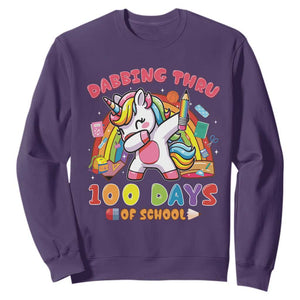 Funny Dabbing Thru 100 Days Of School Sweatshirt Dabbing Unicorn Rainbow TS11 Purple Print Your Wear