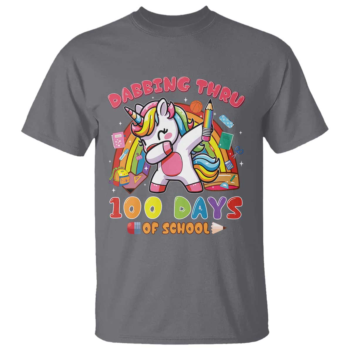 Funny Dabbing Thru 100 Days Of School T Shirt Dabbing Unicorn Rainbow TS11 Charcoal Print Your Wear