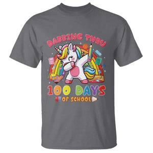 Funny Dabbing Thru 100 Days Of School T Shirt Dabbing Unicorn Rainbow TS11 Charcoal Print Your Wear