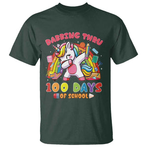 Funny Dabbing Thru 100 Days Of School T Shirt Dabbing Unicorn Rainbow TS11 Dark Forest Green Print Your Wear