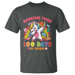 Funny Dabbing Thru 100 Days Of School T Shirt Dabbing Unicorn Rainbow TS11 Dark Heather Print Your Wear