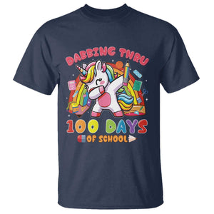Funny Dabbing Thru 100 Days Of School T Shirt Dabbing Unicorn Rainbow TS11 Navy Print Your Wear
