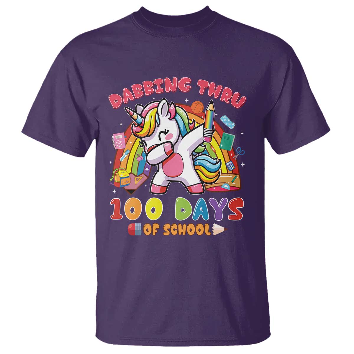 Funny Dabbing Thru 100 Days Of School T Shirt Dabbing Unicorn Rainbow TS11 Purple Print Your Wear