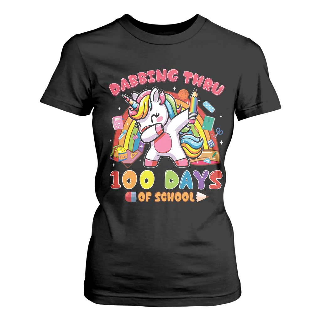 Funny Dabbing Thru 100 Days Of School T Shirt For Women Dabbing Unicorn Rainbow TS11 Black Print Your Wear