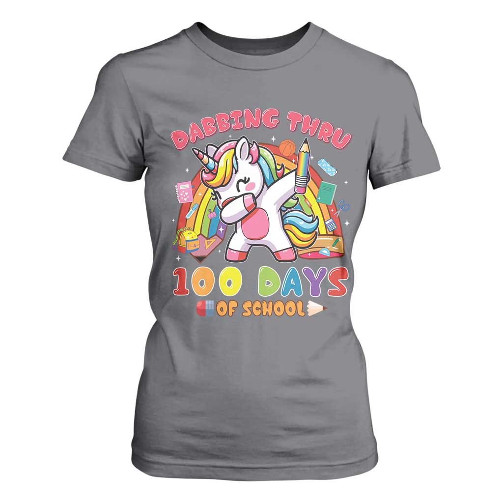Funny Dabbing Thru 100 Days Of School T Shirt For Women Dabbing Unicorn Rainbow TS11 Charcoal Print Your Wear