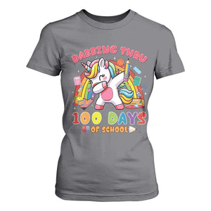 Funny Dabbing Thru 100 Days Of School T Shirt For Women Dabbing Unicorn Rainbow TS11 Charcoal Print Your Wear