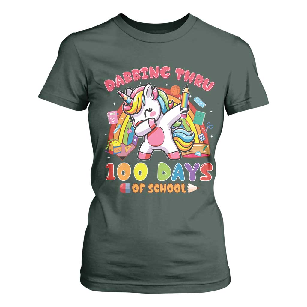 Funny Dabbing Thru 100 Days Of School T Shirt For Women Dabbing Unicorn Rainbow TS11 Dark Forest Green Print Your Wear