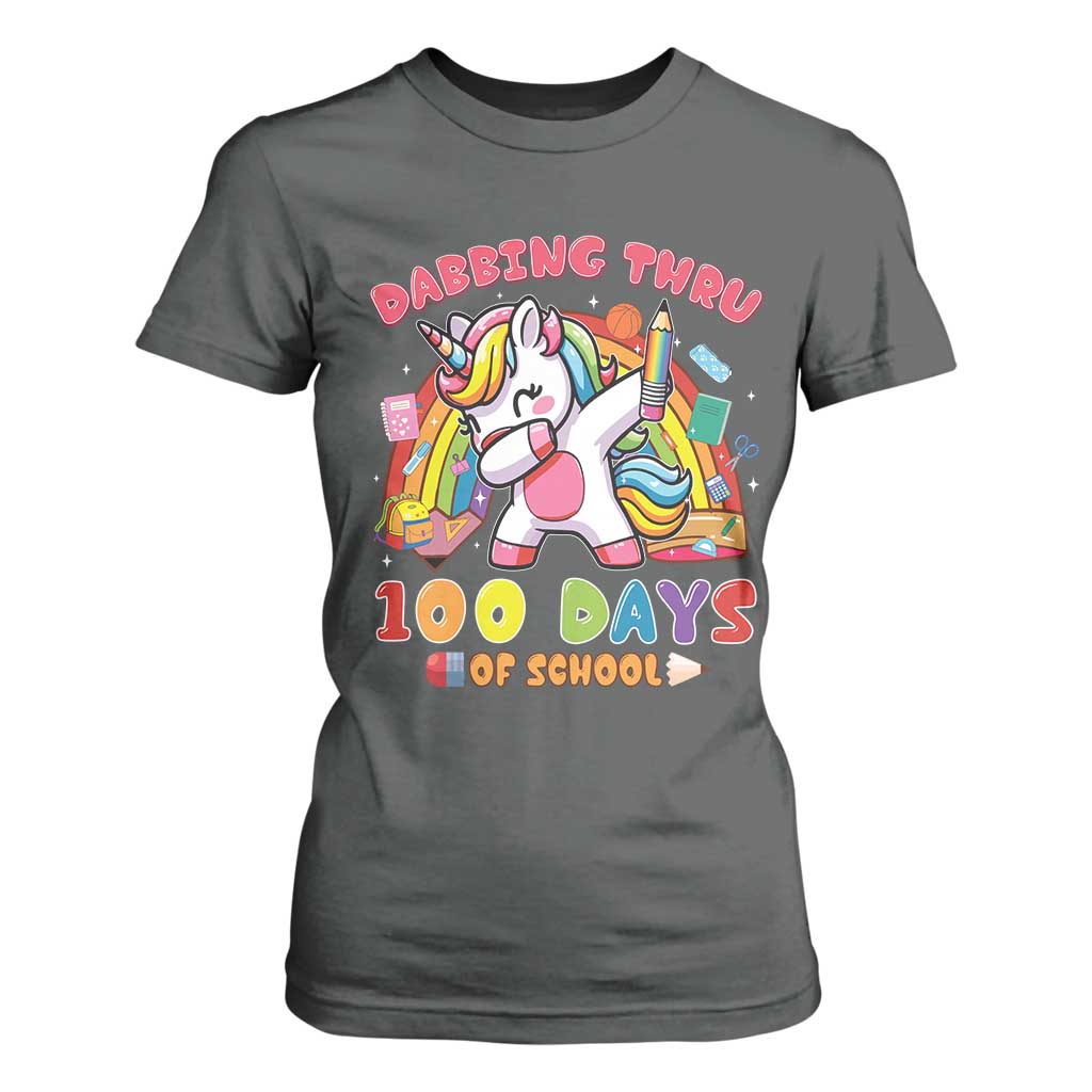 Funny Dabbing Thru 100 Days Of School T Shirt For Women Dabbing Unicorn Rainbow TS11 Dark Heather Print Your Wear