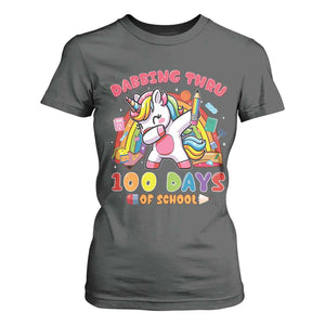 Funny Dabbing Thru 100 Days Of School T Shirt For Women Dabbing Unicorn Rainbow TS11 Dark Heather Print Your Wear