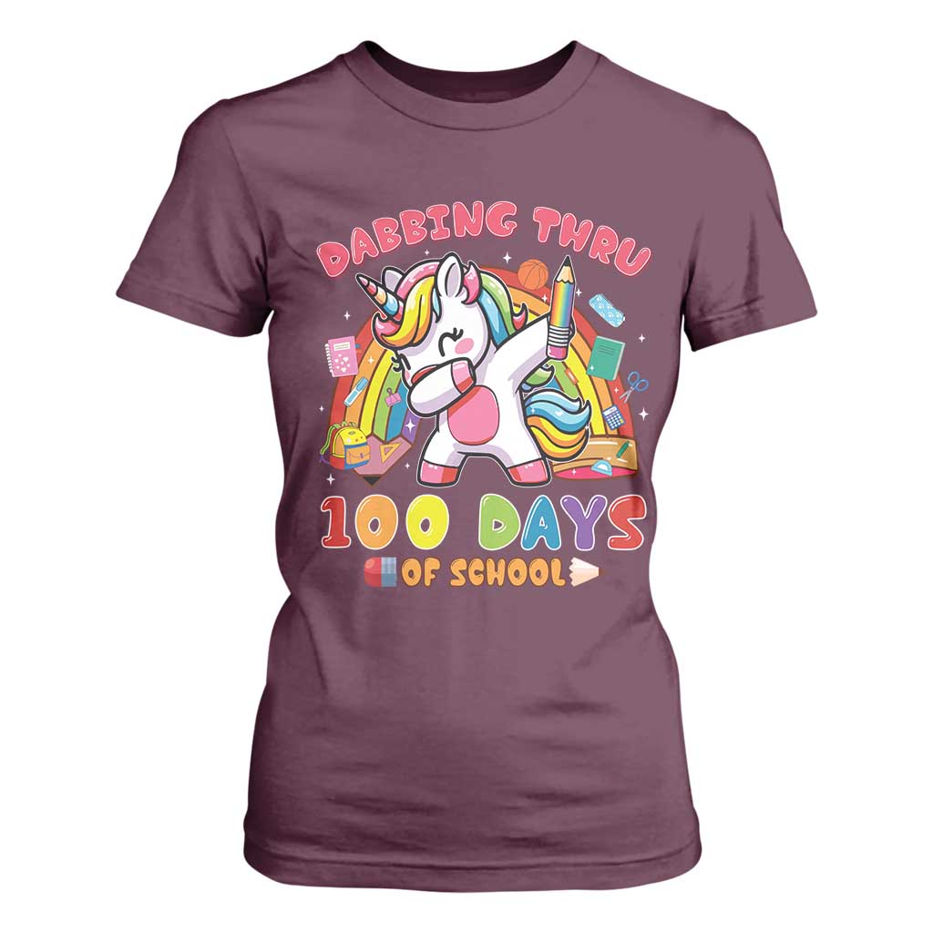 Funny Dabbing Thru 100 Days Of School T Shirt For Women Dabbing Unicorn Rainbow TS11 Maroon Print Your Wear