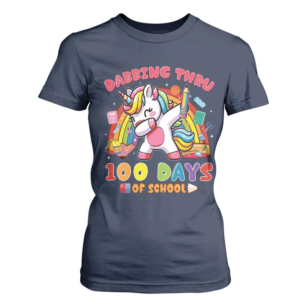 Funny Dabbing Thru 100 Days Of School T Shirt For Women Dabbing Unicorn Rainbow TS11 Navy Print Your Wear