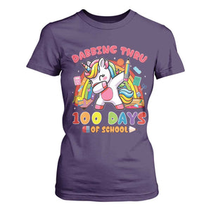 Funny Dabbing Thru 100 Days Of School T Shirt For Women Dabbing Unicorn Rainbow TS11 Purple Print Your Wear