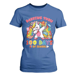 Funny Dabbing Thru 100 Days Of School T Shirt For Women Dabbing Unicorn Rainbow TS11 Royal Blue Print Your Wear