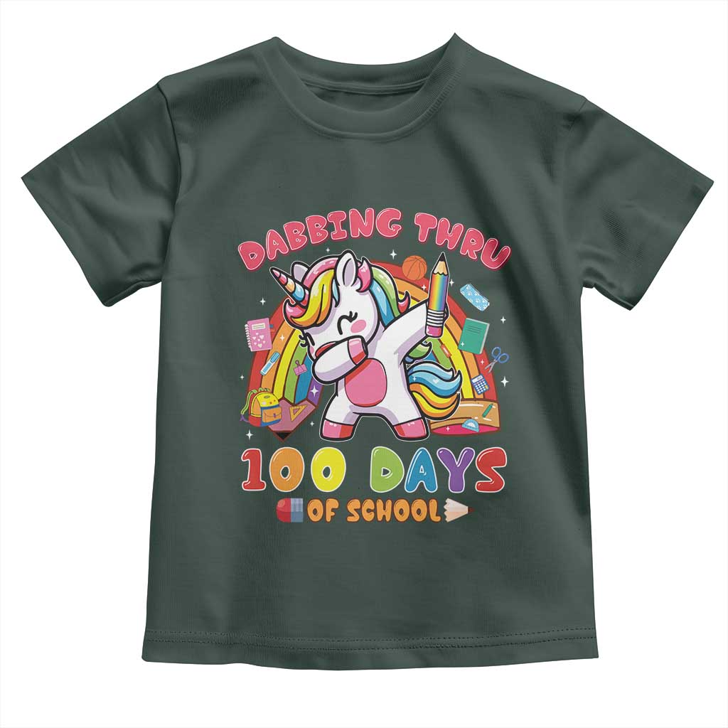 Funny Dabbing Thru 100 Days Of School Toddler T Shirt Dabbing Unicorn Rainbow TS11 Dark Forest Green Print Your Wear