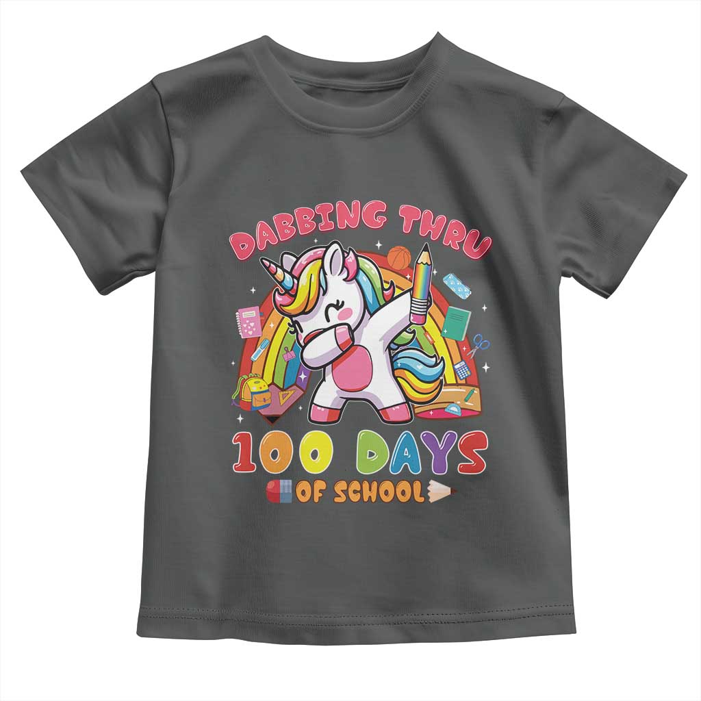 Funny Dabbing Thru 100 Days Of School Toddler T Shirt Dabbing Unicorn Rainbow TS11 Dark Heather Print Your Wear