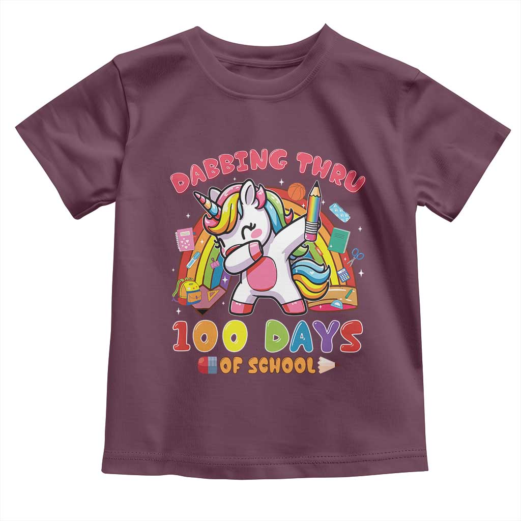 Funny Dabbing Thru 100 Days Of School Toddler T Shirt Dabbing Unicorn Rainbow TS11 Maroon Print Your Wear