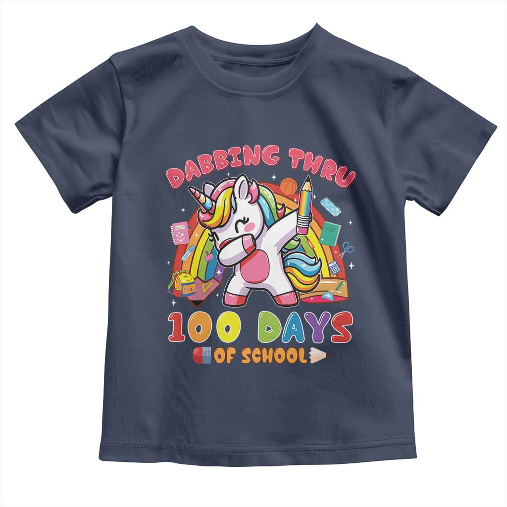 Funny Dabbing Thru 100 Days Of School Toddler T Shirt Dabbing Unicorn Rainbow TS11 Navy Print Your Wear