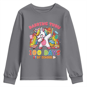 Funny Dabbing Thru 100 Days Of School Youth Sweatshirt Dabbing Unicorn Rainbow TS11 Charcoal Print Your Wear