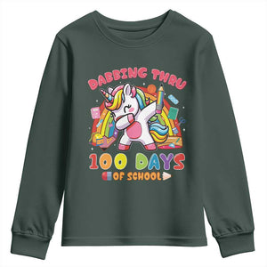 Funny Dabbing Thru 100 Days Of School Youth Sweatshirt Dabbing Unicorn Rainbow TS11 Dark Forest Green Print Your Wear