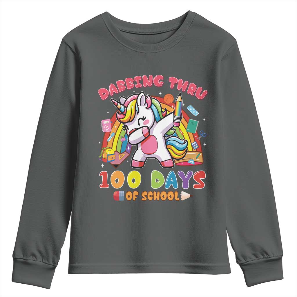 Funny Dabbing Thru 100 Days Of School Youth Sweatshirt Dabbing Unicorn Rainbow TS11 Dark Heather Print Your Wear