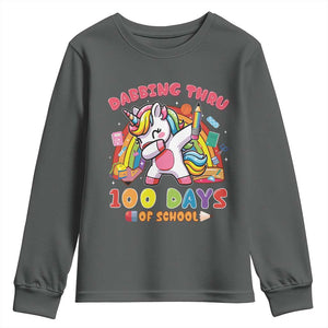 Funny Dabbing Thru 100 Days Of School Youth Sweatshirt Dabbing Unicorn Rainbow TS11 Dark Heather Print Your Wear