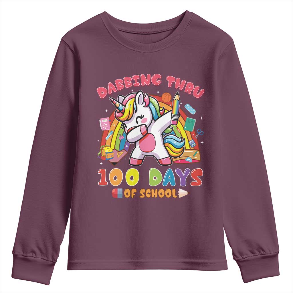Funny Dabbing Thru 100 Days Of School Youth Sweatshirt Dabbing Unicorn Rainbow TS11 Maroon Print Your Wear
