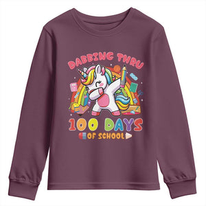 Funny Dabbing Thru 100 Days Of School Youth Sweatshirt Dabbing Unicorn Rainbow TS11 Maroon Print Your Wear