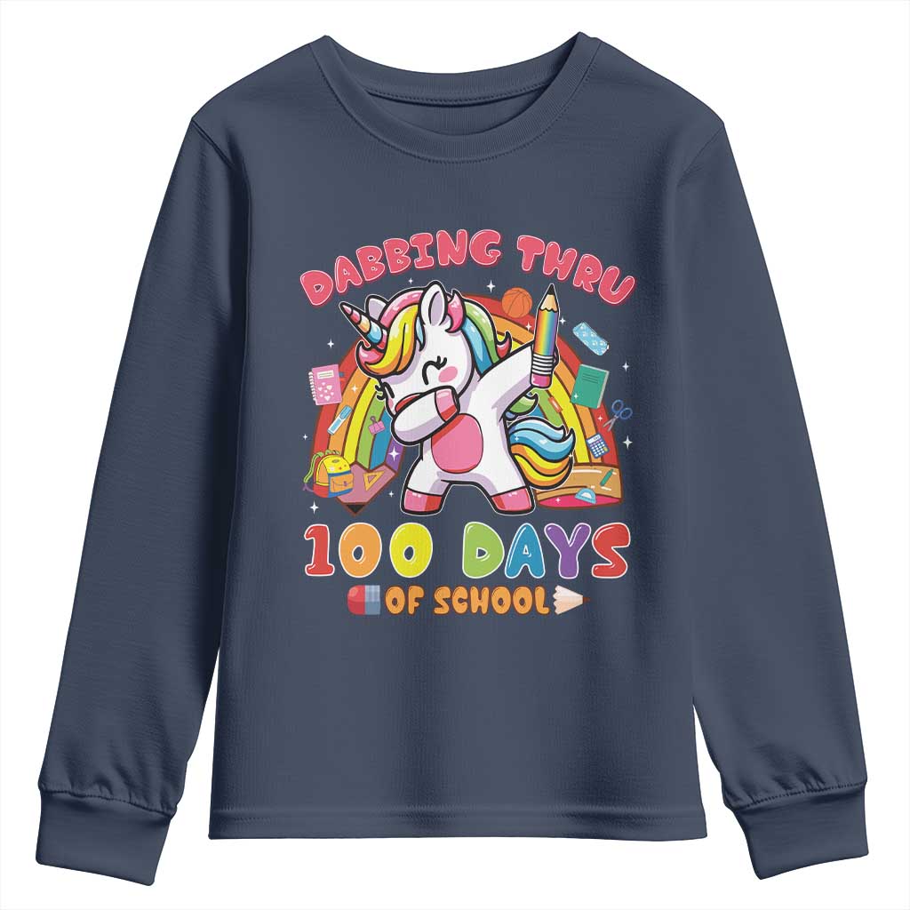 Funny Dabbing Thru 100 Days Of School Youth Sweatshirt Dabbing Unicorn Rainbow TS11 Navy Print Your Wear