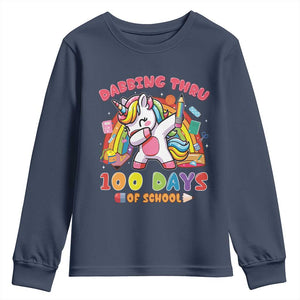 Funny Dabbing Thru 100 Days Of School Youth Sweatshirt Dabbing Unicorn Rainbow TS11 Navy Print Your Wear