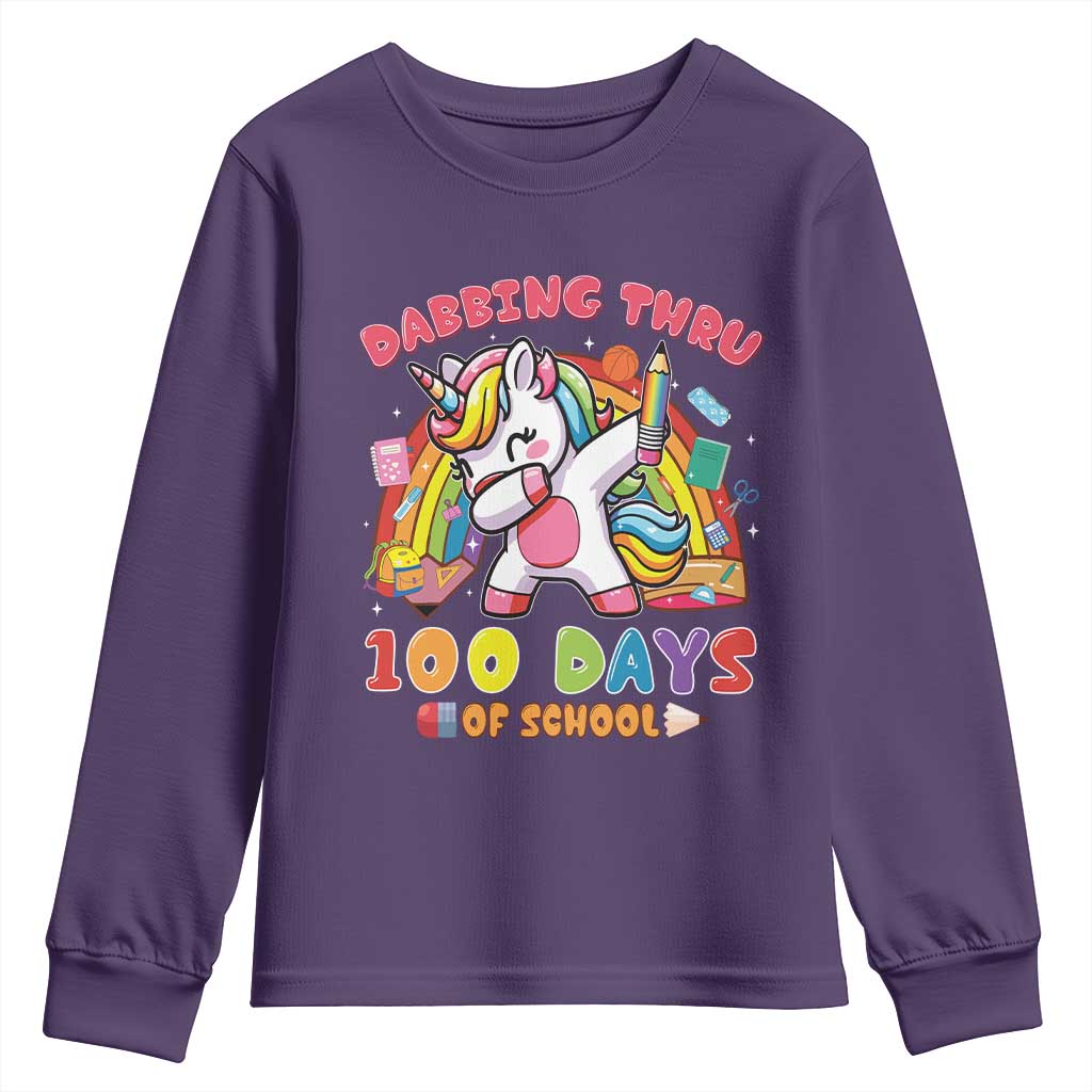 Funny Dabbing Thru 100 Days Of School Youth Sweatshirt Dabbing Unicorn Rainbow TS11 Purple Print Your Wear