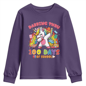 Funny Dabbing Thru 100 Days Of School Youth Sweatshirt Dabbing Unicorn Rainbow TS11 Purple Print Your Wear