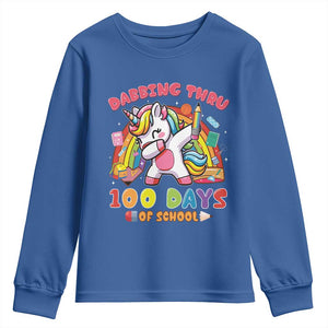 Funny Dabbing Thru 100 Days Of School Youth Sweatshirt Dabbing Unicorn Rainbow TS11 Royal Blue Print Your Wear