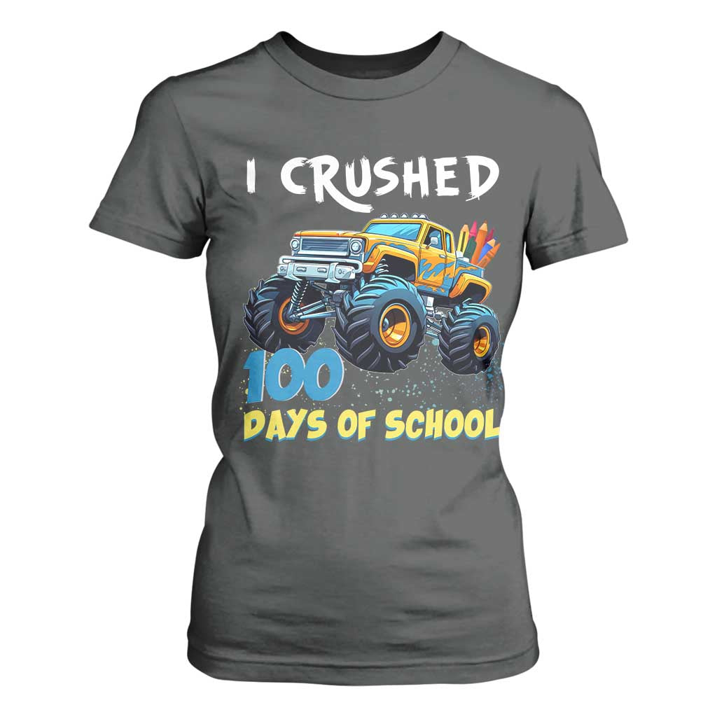 Funny I Crushed 100 Days Of School T Shirt For Women Monster Truck 100th Day Of School TS11 Dark Heather Print Your Wear