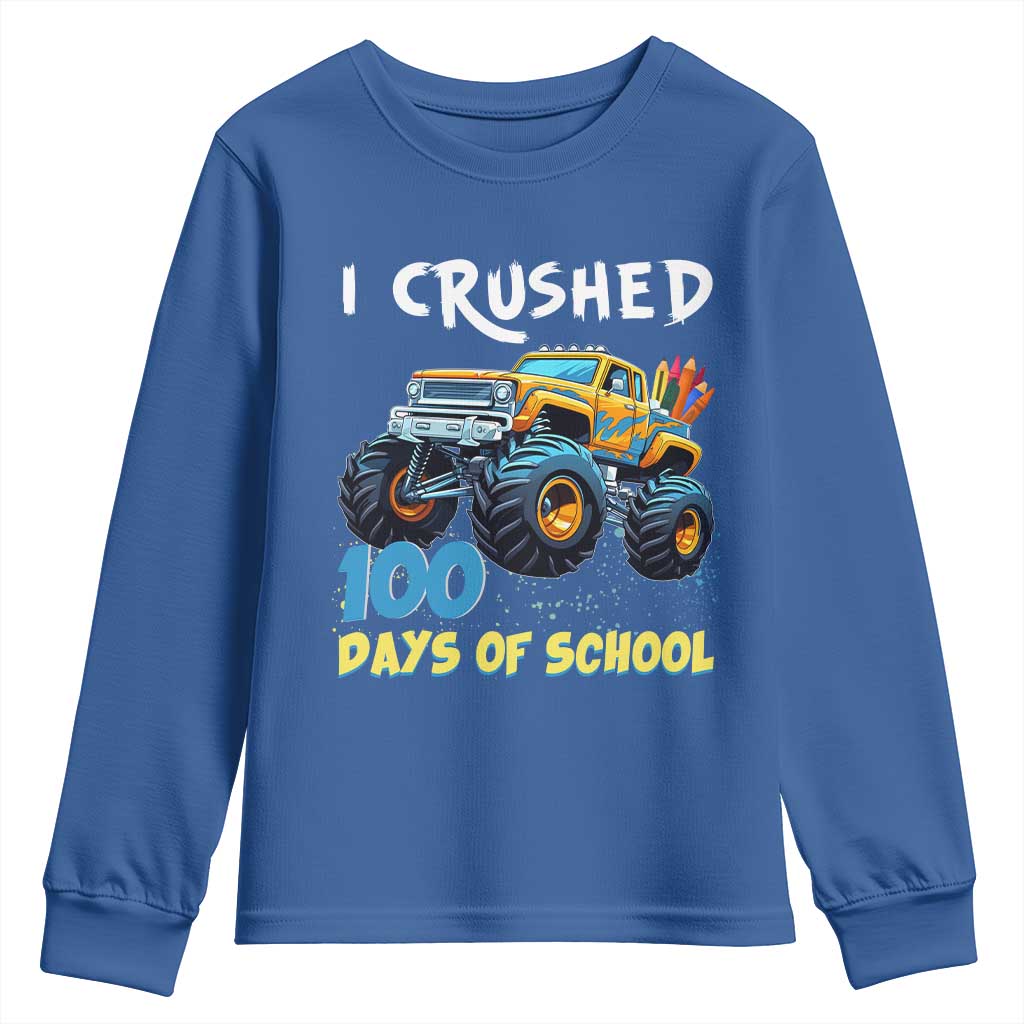 Funny I Crushed 100 Days Of School Youth Sweatshirt Monster Truck 100th Day Of School TS11 Royal Blue Print Your Wear