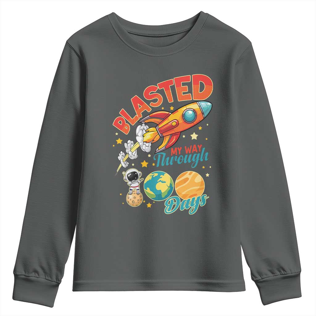Funny Blasted My Way Through 100 Days Youth Sweatshirt 100 Days Of School TS11 Dark Heather Print Your Wear