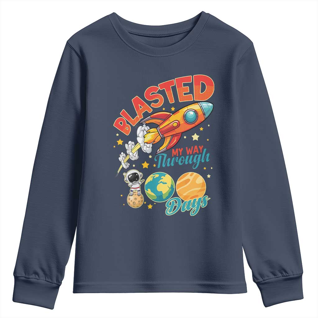 Funny Blasted My Way Through 100 Days Youth Sweatshirt 100 Days Of School TS11 Navy Print Your Wear