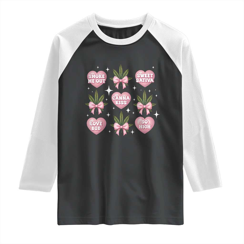 Funny Valentine's Day Weed Cannabis Marijuana Hearts Coquette Raglan Shirt TS11 Black White Print Your Wear