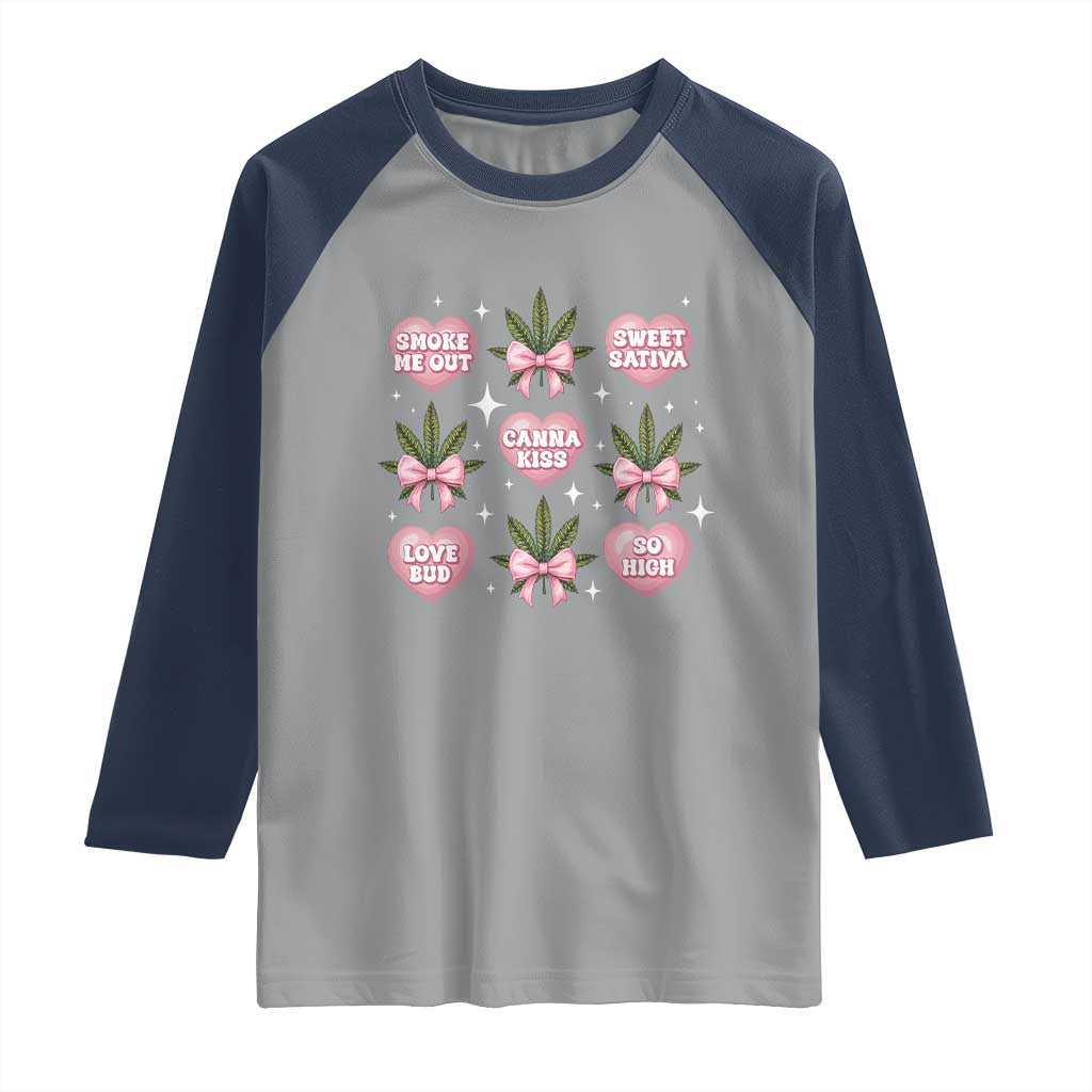 Funny Valentine's Day Weed Cannabis Marijuana Hearts Coquette Raglan Shirt TS11 Sport Gray Navy Print Your Wear