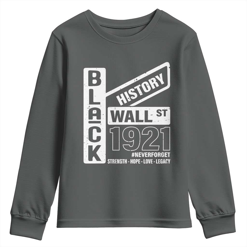Never Forget Black Wall Street 1921 Youth Sweatshirt Tulsa Black History Month TS11 Dark Heather Print Your Wear