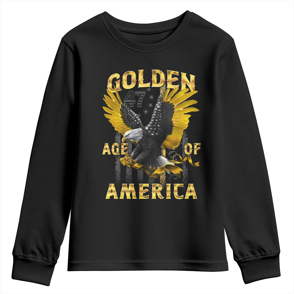 Trump 2025 Golden Age Of America Youth Sweatshirt Gold Eagle Vintage American Flag TS11 Black Print Your Wear